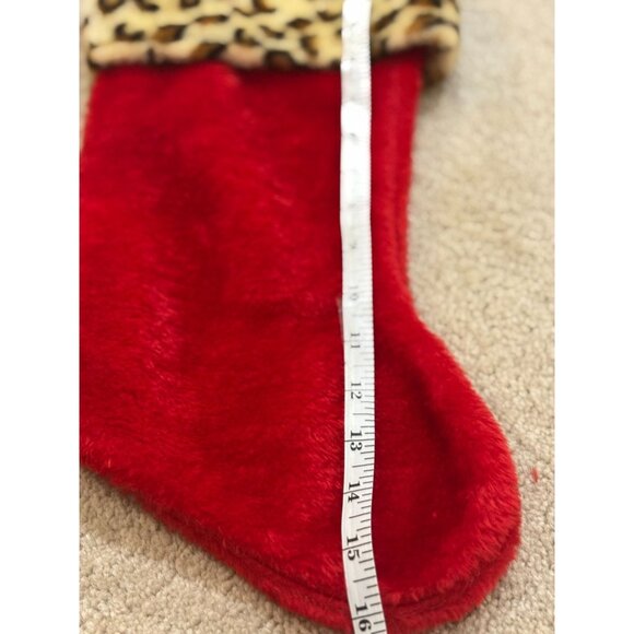 Red Faux Fur Christmas Stocking With Leopard Print Cuff 16" - Picture 3 of 7